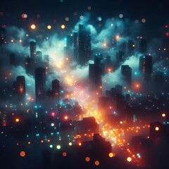 Fototapeta premium Bokeh with neon fog—bright light spots in thick fog urban and