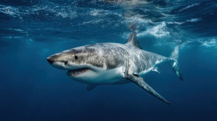 Great white shark swimming swiftly in deep blue ocean with jaws slightly open, scanning for prey