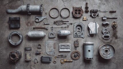Grimy and clean engine parts mixed on top of industrial grey floor background