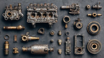 High-resolution image of metallic engine parts lying on grey industrial workspace