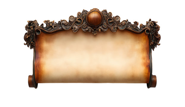 Antique scroll with ornate frame on black background offering space for text