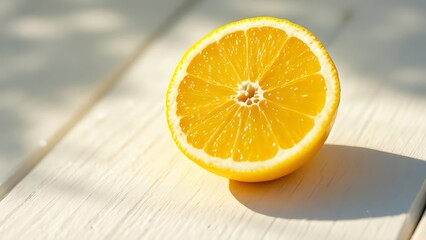Close-up of a juicy lemon half casting a soft shadow on white surface. Ideal for food, health, freshness, summer concept, or citrus product marketing visuals
