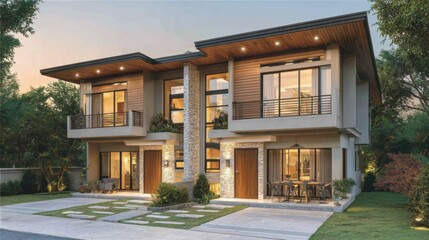 Fototapeta premium Modern duplex homes with large green patches in front, ideal for small gardens