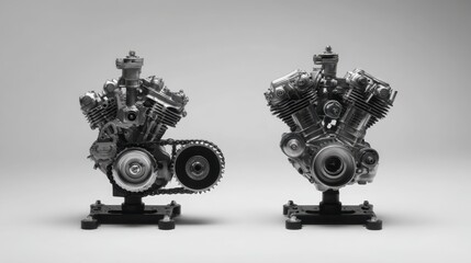 Naklejka premium Monochrome metal engine pieces against light grey minimal background