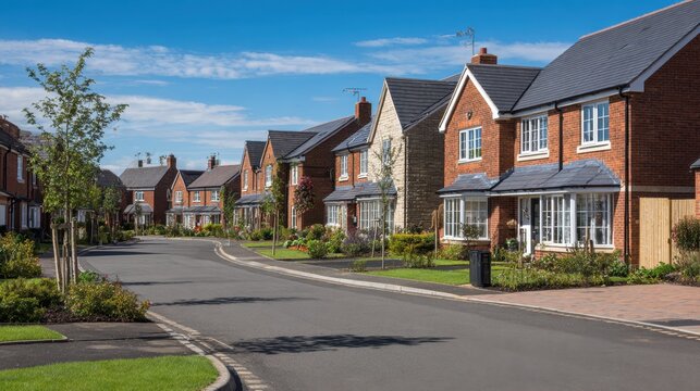 Modern housing estate with rows of neatly built homes and fresh green lawns in front of each house under a clear blue sky