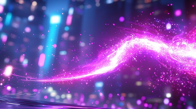 Vibrant Abstract Light Streaks with Purple and Blue Hues on a Blurred Cityscape Background Creating a Futuristic Motion Design