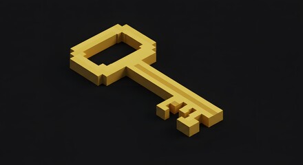 Isometric Pixelated Golden Key on Black Background: Access, Security, Concept.