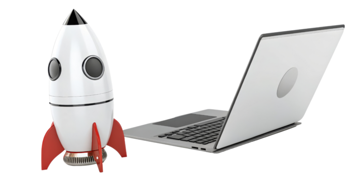 3D Render Rocket and Laptop, Startup Concept, Isolated on Transparent Background, Digital, Launch, Innovation