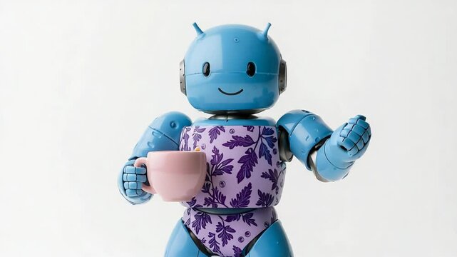Light-blue robot figurine holding a pink mug