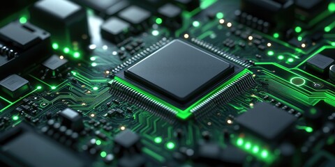 Fototapeta premium Close-up of a circuit board with a central processor chip