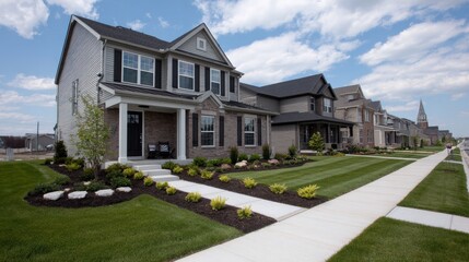 Obraz premium Two-story homes with large front lawns separated by cement paths and decorative edging