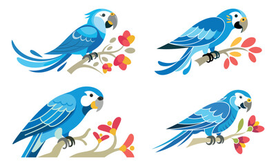 Fototapeta premium Blue parrot illustrations with tropical birds sitting on branches in colorful vector design 