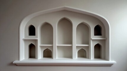 Fototapeta premium White shelf unit built into wall alcove, showing recessed design and clean symmetry