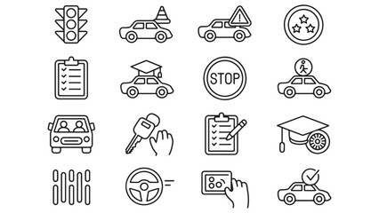 Driving School Icons Vector Line Art Illustrations for Driving Education and Safety