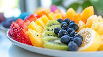Vibrant Assortment of Fresh Fruit Slices Displayed on a White Plate with Strawberries Blueberries Kiwi and Other Colorful Fruits on Bright Day