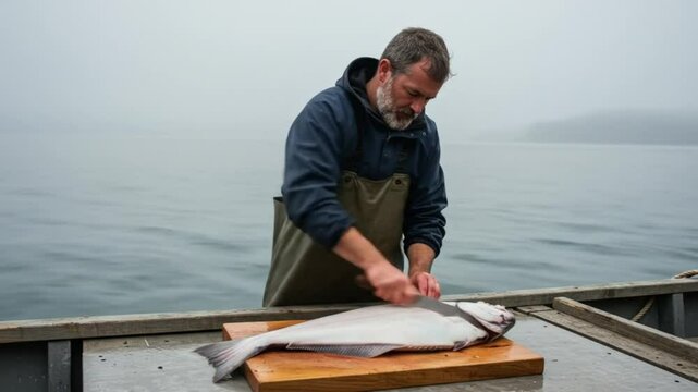 Fisherman preps halibut on choppy seas