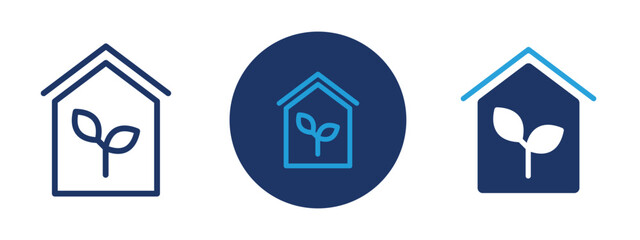 Fototapeta premium Set of colored pixel perfect Green house icon, 1 silhouette, 1 unexpanded, Icon of a house with a leaf symbol for eco-living.