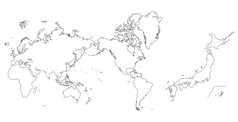 日本地図と世界地図のシルエットの線画イラスト © gelatin