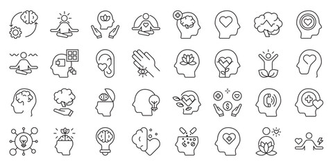 Mindful Mental Wellness set of web icons in line style. mindful mental wellness, mindfulness practice and mental wellbeing. Vector illustration