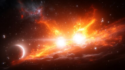 Vibrant Binary Star System Featuring Two Suns Amidst a Colorful Nebula and Scattered Stars in Dark Space With a Crescent Moon And Bright Illumination For Cosmic Scene Backdrop Wallpaper Astronomy