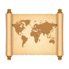 A vintage map on a scroll displaying continents and oceans in a rich brown color. cut out. transparent background