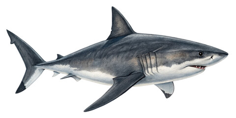 Obraz premium Great White Shark Watercolor Illustration, Isolated on Transparent Background, Marine Life, Aquatic Animal, Predator, Ocean, Wildlife