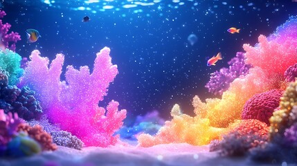 Vibrant Bioluminescent Coral Reef Scene At Night Undersea Scenery Featuring Colorful Corals and Tiny Fish with Pixelated Effects in Blue Background