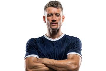 Determined sweaty male athlete with intense gaze wearing sports jersey isolated on transparent background