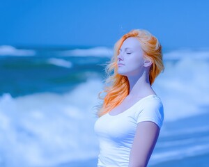 Woman by the sea, serene pose