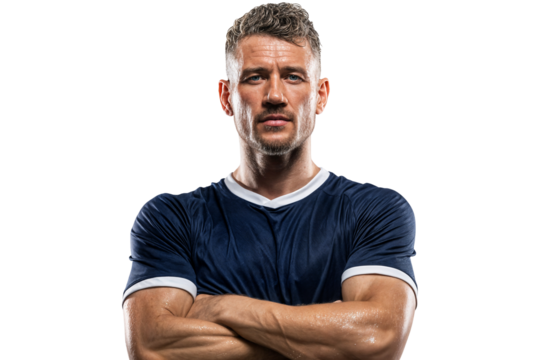 Determined sweaty male athlete with intense gaze wearing sports jersey isolated on transparent background