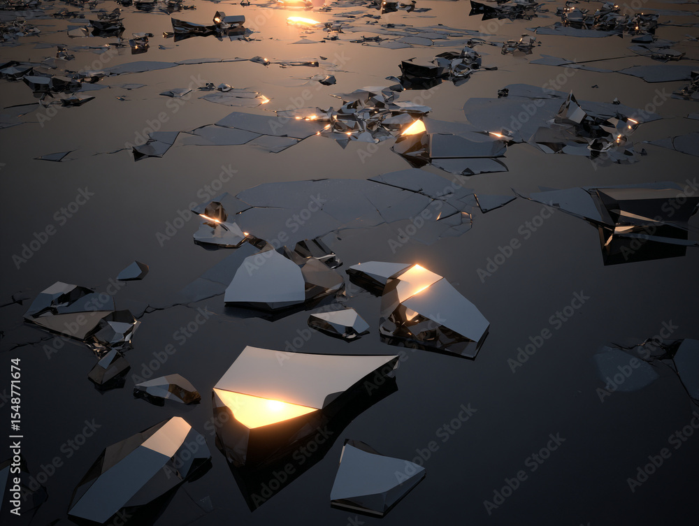 Aufkleber a reflective surface with shattered pieces scattered across it under a golden light source above vie