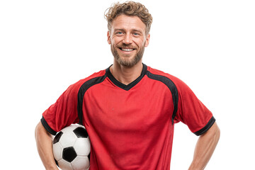 Smiling male soccer player in red jersey holding football confidently isolated on transparent background