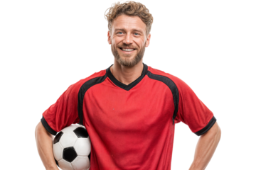 Smiling male soccer player in red jersey holding football confidently isolated on transparent background
