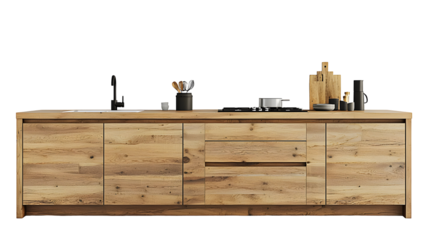 Modern kitchen island with natural wood texture on a dark background for a stylish interior