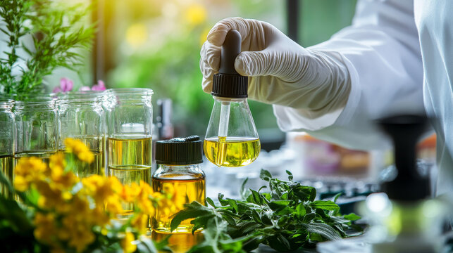 Researcher conducts tests on natural ingredients in a lab, highlighting innovation in organic skincare and alternative medicine