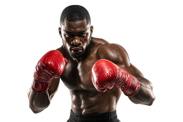 Focused male boxer with red gloves in fighting stance showing muscular body and intense expression isolated on transparent background