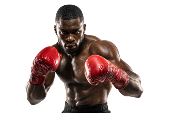 Focused male boxer with red gloves in fighting stance showing muscular body and intense expression isolated on transparent background
