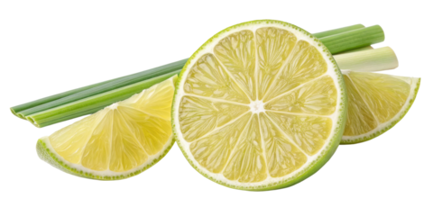 Lime and Lemongrass Composition Sliced Lime, Isolated on Transparent Background, Food Photography, Citrus, Lime, Lemongrass, Citrus