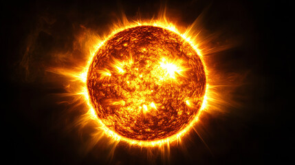 The Sun, a massive star with an atmosphere of orange and yellow flames on its surface, radiates intense heat and light into space.
