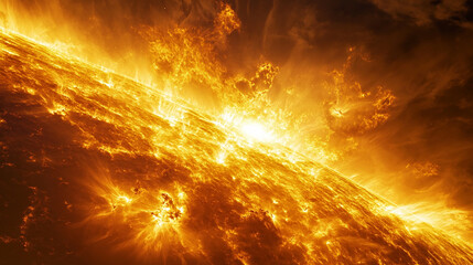 The Sun, a massive star with an atmosphere of orange and yellow flames on its surface, radiates intense heat and light into space.