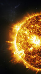 The Sun, a massive star with an atmosphere of orange and yellow flames on its surface, radiates intense heat and light into space.