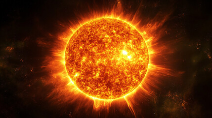 The Sun, a massive star with an atmosphere of orange and yellow flames on its surface, radiates intense heat and light into space.