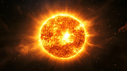 The Sun, a massive star with an atmosphere of orange and yellow flames on its surface, radiates intense heat and light into space.