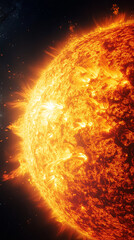 The Sun, a massive star with an atmosphere of orange and yellow flames on its surface, radiates intense heat and light into space.