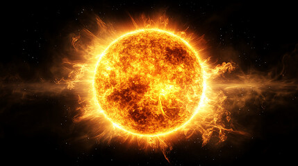 The Sun, a massive star with an atmosphere of orange and yellow flames on its surface, radiates intense heat and light into space.