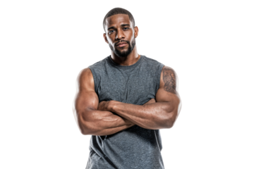 Confident muscular man in black sleeveless shirt with arms crossed looking at camera isolated on transparent background