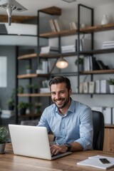 Happy professional business man company employee, young busy smiling male businessman entrepreneur or worker using laptop computer technology working at corporate office desk, vertical photo