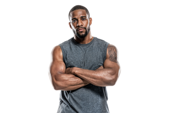 Confident muscular man in black sleeveless shirt with arms crossed looking at camera isolated on transparent background