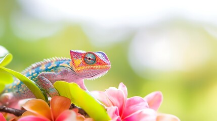 Vibrant Chameleon Climbing on Branch with Pink Flowers Blending into Green and White Bokeh Background in Natural Daylight