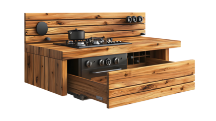 Stylish wooden kitchen island with modern appliances against a black background